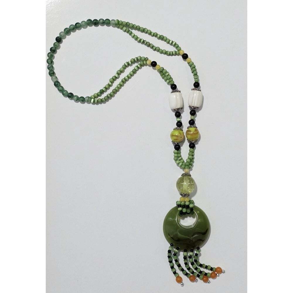 Vintage Chunky Green Beaded Tassel Necklace